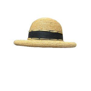 Callanan Rolled Edge Raffia Straw Sun Hat Black Band Bow Vacation Cruise READ